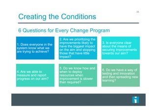 Creating the Conditions
6 Questions for Every Change Program
35
1. Does everyone in the
system know what we
are trying to achieve?
2. Are we prioritizing the
improvements likely to
have the biggest impact
on the aim and stopping
those that have little
impact?
3. Is everyone clear
about the means of
securing improvements
towards our aim?
4. Are we able to
measure and report
progress on our aim?
5. Do we know how and
when to deploy
resources when
improvement is slower
than required?
6. Do we have a way of
testing and innovation
and then spreading new
learning?
 