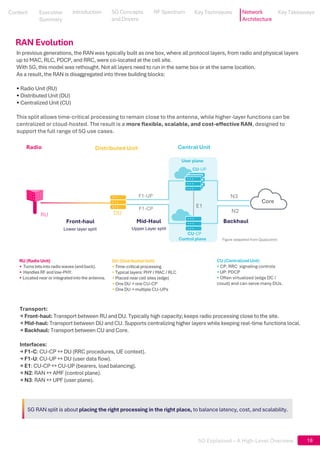 5G Explained – A High-Level Overview
DU
5G RAN split is about placing the right processing in the right place, to balance latency, cost, and scalability.
18
In previous generations, the RAN was typically built as one box, where all protocol layers, from radio and physical layers
up to MAC, RLC, PDCP, and RRC, were co-located at the cell site.
With 5G, this model was rethought. Not all layers need to run in the same box or at the same location.
As a result, the RAN is disaggregated into three building blocks:
• Radio Unit (RU)
• Distributed Unit (DU)
• Centralized Unit (CU)
This split allows time-critical processing to remain close to the antenna, while higher-layer functions can be
centralized or cloud-hosted. The result is a more flexible, scalable, and cost-effective RAN, designed to
support the full range of 5G use cases.
RU (Radio Unit)
• Turns bits into radio waves (and back).
• Handles RF and low-PHY.
• Located near or integrated into the antenna.
CU-UP
CU-CP
E1
F1-UP
F1-CP
Upper Layer split
Mid-Haul
Lower layer split
Front-haul Backhaul
RU
DU (Distributed Unit)
• Time-critical processing
• Typical layers: PHY / MAC / RLC
• Placed near cell sites (edge)
• One DU → one CU-CP
• One DU → multiple CU-UPs
CU (Centralized Unit)
• CP: RRC signaling controls
• UP: PDCP
• Often virtualized (edge DC /
cloud) and can serve many DUs.
User plane
Control plane
Radio Distributed Unit Central Unit
Core
Transport:
→ Front-haul: Transport between RU and DU. Typically high capacity; keeps radio processing close to the site.
→ Mid-haul: Transport between DU and CU. Supports centralizing higher layers while keeping real-time functions local.
→ Backhaul: Transport between CU and Core.
Interfaces:
→ F1-C: CU-CP DU (RRC procedures, UE context).
→ F1-U: CU-UP DU (user data flow).
→ E1: CU-CP CU-UP (bearers, load balancing).
→ N2: RAN AMF (control plane).
→ N3: RAN UPF (user plane).
N3
N2
RAN Evolution
Figure adapated from Qualcomm
Content
Content
Executive
Summary
Executive
Summary
5G Concepts
and Drivers
5G Concepts
and Drivers
RF Spectrum
RF Spectrum
Key Techniques
Key Techniques Network
Architecture
Key Takeaways
Key Takeaways
Introduction
Introduction
 