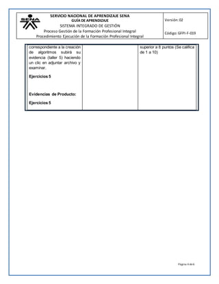 SERVICIO NACIONAL DE APRENDIZAJE SENA
GUÍA DE APRENDIZAJE
SISTEMA INTEGRADO DE GESTIÓN
Proceso Gestión de la Formación Profesional Integral
Procedimiento Ejecución de la Formación Profesional Integral
Versión:02
Código:GFPI-F-019
Página 4 de6
correspondiente a la creación
de algoritmos subirá su
evidencia (taller 5) haciendo
un clic en adjuntar archivo y
examinar.
Ejercicios 5
Evidencias de Producto:
Ejercicios 5
superior a 8 puntos (Se califica
de 1 a 10)
 