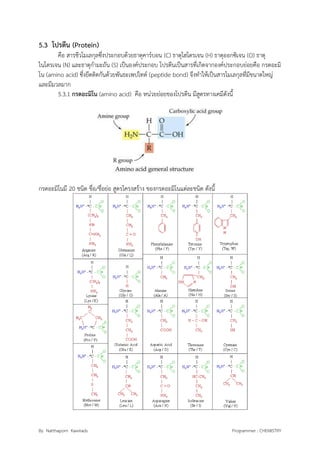 By Natthaporn Kawirads Programmer : CHEMISTRY
5.3 โปรตีน (Protein)
คือ สารชีวโมเลกุลซึ่งประกอบด้วยธาตุคาร์บอน (C) ธาตุไฮโดรเจน (H) ธาตุออกซิเจน (O) ธาตุ
ไนโตรเจน (N) และธาตุกามะถัน (S) เป็นองค์ประกอบ โปรตีนเป็นสารที่เกิดจากองค์ประกอบย่อยคือ กรดอะมิ
โน (amino acid) ซึ่งยึดติดกันด้วยพันธะเพปไทด์ (peptide bond) จึงทาให้เป็นสารโมเลกุลที่มีขนาดใหญ่
และมีมวลมาก
5.3.1 กรดอะมิโน (amino acid) คือ หน่วยย่อยของโปรตีน มีสูตรทางเคมีดังนี้
กรดอะมิโนมี 20 ชนิด ชื่อ/ชื่อย่อ สูตรโครงสร้าง ของกรดอะมิโนแต่ละชนิด ดังนี้
 