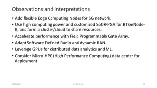 Observations and Interpretations
• Add flexible Edge Computing Nodes for 5G network.
• Use high computing power and customized SoC+FPGA for BTS/eNode-
B, and form a cluster/cloud to share resources.
• Accelerate performance with Field Programmable Gate Array.
• Adapt Software Defined Radio and dynamic RAN.
• Leverage GPUs for distributed data analytics and ML.
• Consider Micro-HPC (High Performance Computing) data center for
deployment.
20161004 CC 4.0 SA, NC 28
 