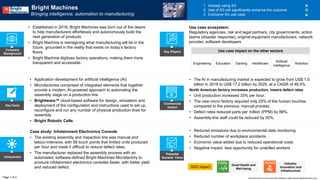 Key Facts
Uniqueness
Potential
Societal Value
Commercial
Impact
• Reduced emissions due to environmental data monitoring
• Reduced number of workplace accidents
• Economic value added due to reduced operational costs
• Negative impact: less opportunity for unskilled workers
SDG impact
Case study: Infotainment Electronics Console
• The existing assembly and inspection line was manual and
labour-intensive, with 58 touch points that limited units produced
per hour and made it difficult to reduce defect rates.
• The manufacturer replaced the assembly process with an
automated, software-defined Bright Machines Microfactory to
produce infotainment electronics consoles faster, with better yield
and reduced defect.
• Application development for artificial intelligence (AI)
• Microfactories comprised of integrated elements that together
provide a modern, AI-powered approach to automating the
assembly stage on a production line
• Brightware™ cloud-based software for design, simulation and
deployment of the configuration and instructions used to set up,
reconfigure and run any number of physical production lines for
assembly
• Bright Robotic Cells
• The AI in manufacturing market is expected to grow from US$ 1.0
billion in 2018 to US$ 17.2 billion by 2025, at a CAGR of 49.5%.
North American factory increases production, lowers defect rates
• Unit production increased 33% per hour.
• The new micro factory required only 25% of the human touches
compared to the previous, manual process.
• Defect rates reduced parts per million (PPM) by 88%.
• Assembly-line staff could be reduced by 50%.
Bright Machines
Bringing intelligence, automation to manufacturing
1. Already using 5G
2. Use of 5G will significantly enhance the outcome
3. Exclusive 5G use case
• Established in 2018, Bright Machines was born out of the desire
to help manufacturers effortlessly and autonomously build the
next generation of products.
• Bright Machine is reimagining what manufacturing will be in the
future, grounded in the reality that exists on today’s factory
floors.
• Bright Machine digitizes factory operations, making them more
transparent and accessible.
Company
Background
Engineering Education Gaming Healthcare
Use case ecosystem:
Regulatory agencies, risk and legal partners, city governments, action
teams (disaster response), original equipment manufacturers, network
provider, software developers
Page 1 of 2
Key Players
Robotics
Good Health and
Well-being
Industry,
Innovation and
Infrastructure
World Economic Forum and PwC analysis | https://www.brightmachines.com/
Artificial
intelligence
Use case impact on the other sectors
 