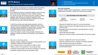 Key Facts
Uniqueness
Potential
Societal Value
Commercial
Impact
SDG impact
• More than a self-driving vehicle
• Vehicles, chargers, software and services working together as an
integrated inventory movement platform
• Use of onboard sensors and software to adapt to needs
• Ability to perform live operations in human-dense areas
• Centralized control system with real-time notification to operators
• Availability of tablet interface with workstation editor
• A self-driving vehicle uses laser-based perception and AI to
dynamically move through facilities, infrastructure-free. These
vehicles combine the benefits of manual labour, conveyors and
automated guided vehicles to provide the most advanced
method of material transport available today.
• The OTTO platform is built on the principles of freedom and
flexibility to modify automation as frequently as the changes on
the floor.
• Recovery of wasted floor space for commercial purposes
• Ability to overcome labour shortages through proven use of carts
and fork trucks
• Safe alternative for transportation of goods/materials, ensuring
waste reduction
• Uptime with little interruption
• Data-driven decision-making, ensuring bottom line revenue growth
OTTO Motors
Self-driving vehicles for material handling
• OTTO designs, manufactures and operates self-driving vehicles
for industry, with the ultimate goal of making human driving
obsolete.
• OTTO Motors is a division of Clearpath Robotics, which provides
self-driving vehicles designed for indoor material transport.
• The vehicles operate with infrastructure-free navigation, offering
intelligent, safe, efficient and reliable transportation within
industrial centres. Proprietary hardware, software and services
are delivered to provide customer excellence.
Company
Background
Business
intelligence,
analytics solutions
Engineering
Internet of
things (IoT)
Security
Use case ecosystem:
Clearpath robotics, sensor manufacturers, customers (manufacturing,
warehousing companies), network and cloud service providers
Page 1 of 2
Key Players
World Economic Forum and PwC analysis | https://www.crunchbase.com/organization/otto-motors-2#section-overview, https://ottomotors.com/, https://ottomotors.com/platform
Use case impact on the other sectors
Industry,
Innovation and
Infrastructure
Good Health and
Well-being
1. Already using 5G
2. Use of 5G will significantly enhance the outcome
3. Exclusive 5G use case
• Increase in digital skill set for the local workforce
• Reduced maintenance times, resulting in increased capacities
• Safer working environments for workforce
• Reduced material flows within the factory, resulting in lower
environmental impacts
 
