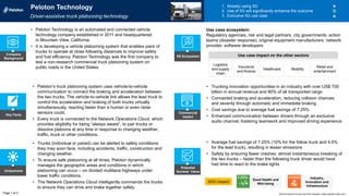 Key Facts
Uniqueness
Potential
Societal Value
Commercial
Impact
• Average fuel savings of 7.25% (10% for the follow truck and 4.5%
for the lead truck), resulting in lesser emissions
• Safety by ensuring fewer crashes: almost instantaneous breaking of
the two trucks – faster than the following truck driver would have
had time to react to the brake lights
SDG impact
• Trucks (individual or paired) can be alerted to safety conditions
they may soon face, including accidents, traffic, construction and
changing weather.
• To ensure safe platooning at all times, Peloton dynamically
manages the geographic areas and conditions in which
platooning can occur – on divided multilane highways under
lower traffic conditions.
• The Network Operations Cloud intelligently commands the trucks
to ensure they can drive and brake together safely.
• Peloton’s truck platooning system uses vehicle-to-vehicle
communication to connect the braking and acceleration between
the two trucks. The vehicle-to-vehicle link allows the lead truck to
control the acceleration and braking of both trucks virtually
simultaneously, reacting faster than a human or even radar
sensors could.
• Every truck is connected to the Network Operations Cloud, which
provides eligibility for being “always aware”, to pair trucks or
dissolve platoons at any time in response to changing weather,
traffic, truck or other conditions.
• Trucking innovation opportunities in an industry with over US$ 700
billion in annual revenue and 80% of all transported cargo
• Connected braking and acceleration, reducing collision chances
and severity through automatic and immediate braking
• Cost savings due to average fuel savings of 7.25%
• Enhanced communication between drivers through an exclusive
audio channel, fostering teamwork and improved driving experience
Peloton Technology
Driver-assistive truck platooning technology
1. Already using 5G
2. Use of 5G will significantly enhance the outcome
3. Exclusive 5G use case
• Peloton Technology is an automated and connected vehicle
technology company established in 2011 and headquartered
in Mountain View, California.
• It is developing a vehicle platooning system that enables pairs of
trucks to operate at close following distances to improve safety
and fuel efficiency. Peloton Technology was the first company to
test a non-research commercial truck platooning system on
public roads in the United States.
Company
Background
Logistics
and supply
chain
Insurance
and finance
Healthcare Mobility
Use case ecosystem:
Regulatory agencies, risk and legal partners, city governments, action
teams (disaster response), original equipment manufacturers, network
provider, software developers
Page 1 of 2
5G Ecosystem
Retail and
entertainment
Good Health and
Well-being
Industry,
Innovation and
Infrastructure
World Economic Forum and PwC analysis | https://peloton-tech.com/
Use case impact on the other sectors
 