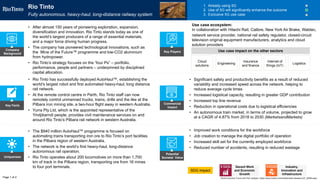 Key Facts
Uniqueness
Potential
Societal Value
Commercial
Impact
• Improved work conditions for the workforce
• Job creation to manage the digital portfolio of operation
• Increased skill set for the currently employed workforce
• Reduced number of accidents, resulting in reduced wastage
SDG impact
• The $940 million AutoHaul™ programme is focused on
automating trains transporting iron ore to Rio Tinto’s port facilities
in the Pilbara region of western Australia.
• The network is the world’s first heavy-haul, long-distance
autonomous rail operation.
• Rio Tinto operates about 200 locomotives on more than 1,700
km of track in the Pilbara region, transporting ore from 16 mines
to four port terminals.
• Rio Tinto has successfully deployed AutoHaul™, establishing the
world’s largest robot and first automated heavy-haul, long distance
rail network.
• At the remote control centre in Perth, Rio Tinto staff can now
remotely control unmanned trucks, trains, drills and the like at the
Pilbara iron mining site, a two-hour flight away in western Australia.
• Yurra Pty Ltd, which is the appointed representative of the
Yindjibarndi people, provides civil maintenance services on and
around Rio Tinto’s Pilbara rail network in western Australia.
• Significant safety and productivity benefits as a result of reduced
variability and increased speed across the network, helping to
reduce average cycle times
• Increased logistical capacity, resulting in greater GDP contribution
• Increased top line revenue
• Reduction in operational costs due to logistical efficiencies
• An autonomous train market, in terms of volume, projected to grow
at a CAGR of 4.87% from 2018 to 2030 (MarketsandMarkets)
Rio Tinto
Fully autonomous, heavy-haul, long-distance railway system
1. Already using 5G
2. Use of 5G will significantly enhance the outcome
3. Exclusive 5G use case
• After almost 150 years of pioneering exploration, expansion,
diversification and innovation, Rio Tinto stands today as one of
the world’s largest producers of a range of essential materials,
and a major force driving human progress.
• The company has pioneered technological innovations, such as
the Mine of the Future™ programme and low-CO2 aluminium
from hydropower.
• Rio Tinto’s strategy focuses on the “four Ps” – portfolio,
performance, people and partners – underpinned by disciplined
capital allocation.
Company
Background
Cloud
solutions
Engineering
Insurance
and finance
Internet of
things (IoT)
Use case ecosystem:
In collaboration with Hitachi Rail, Calibre, New York Air Brake, Wabtec,
network service provider, national rail safety regulator, closed-circuit
television original equipment manufacturers, analytics and cloud
solution providers
Page 1 of 2
Key Players
Logistics
World Economic Forum and PwC analysis | https://www.riotinto.com/media/media-releases-237_26646.aspx
Use case impact on the other sectors
Decent Work
and Economic
Growth
Industry,
Innovation and
Infrastructure
 