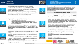 Key Facts
Uniqueness
Potential
Societal Value
Commercial
Impact
• More efficient use of water in agriculture and reduced energy
consumption
• Harnessed solar power by industries to power automated
processes
• Reduction in carbon footprint
• Increased skills capital among the workforce
• Usage of more powerful computing resources in the cloud (e.g. for AI
tasks)
• Data from the internet for decision-making and learning (including
digital twins)
• Lower cost per robot as functionalities are offloaded to a central cloud
• Possibility to perform a failover in case one robot physically breaks
from an up-to-date backup in the cloud
• Easier operation and maintenance (software updates, configuration
change, monitoring, etc.)
• At present, the four types of industrial robots are:
• Heavy single-armed robots (HEAVY)
• Collaborative one-armed or two-armed robots (COOP)
• Limited capability robots for dedicated use cases (LIMITED)
• Exotic robots (EXOTIC).
• Within mobile, radio technologies will provide the wanted level of
performance; thus the capabilities of 4G and 5G radio systems will
enable 5G cloud robotics and facilitate the uptake of robotics in new
applications.
• Smarter robots can carry out a greater number of tasks in the
manufacturing process, allowing their human counterparts to be
employed in other areas. This enhances safety – particularly where
dangerous chemicals are involved.
• Smarter robots enable increased industrial automation, both in
manufacturing and agriculture, minimizing the need for plant
infrastructure and dramatically reducing costs.
• Tractica forecasts global revenue for cloud robotics will increase
from US$ 5.3 billion in 2018 to US$ 170.4 billion in 2025
(Roboticsbusinessreview).
1. Already using 5G
2. Use of 5G will significantly enhance the outcome
3. Exclusive 5G use case
• Ericsson is driving 5G standardization and was the largest
contributor to the standardization body in 3GPP during 2018.
• Ericsson has publicly announced commercial 5G deals with more
than 20 named operator customers.
• Ericsson has over 40 operator memorandums of understanding
worldwide and is collaborating with more than 40 universities and
technology institutes as well as 30 industry partners.
Company
Background
Public sector
(government)
Healthcare
Internet of
things (IoT)
Transportation
(mobility)
Use case ecosystem:
In collaboration with the BioRobotics Institute, Zucchetti Centro
Sistemi original equipment manufacturers for industrial robots,
network/spectrum provider, cloud service provider, software
application provider
Page 1 of 2
Key Players
Robotics
Ericsson
Cloud robotics
Use case impact on the other sectors
SDG impact
Sustainable
Consumption
and Production
Decent Work
and Economic
Growth
World Economic Forum and PwC analysis | https://www.ericsson.com/en/blog/2018/12/what-will-5g-bring-to-industrial-robotics, https://www.ericsson.com/assets/local/publications/ericsson-technology-review/docs/2016/etr-5g-cloud-robotics.pdf
 