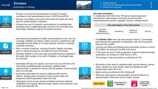 Key Facts
Uniqueness
Potential
Societal Value
Commercial
Impact
• Elimination of the need for additional staff, service stations, parking
areas, transport on busy access roads and dangerous staff
transportation within the mine
• Better working conditions for the mining staff
• Efficiency improvement, reducing Aitik's annual emissions by
approximately 9,400 metric tons of carbon dioxide
SDG impact
• Automated drill rigs ("pit vipers") can move from one drill hole to the
next along a predefined path and perform repetitive tasks
autonomously, in contrast to having a drill rig operator on-site carrying
them out manually.
• Automation eliminated the need for additional staff, service
stations, parking areas, transport on busy access roads and
dangerous staff transportation within the mine.
• Applications (such as fully remote-controlled machines) need the
capabilities and capacity offered through mobile communications, such
as 4G and especially 5G.
• Key features and benefits of mobile communications in the mine are
coverage, reliability, low latency, better accuracy in positioning, high
bandwidth and the ability to run many devices, sensors or remotely
controlled machines.
• With a number of partners, including Ericsson, Boliden has taken
part in a research project to co-create the mine of the future.
• Example: Boliden is one of the most successful mining companies in
the world; Aitik, located in the north of Sweden, is the largest open
pit in Europe.
• The Boliden Aitik mine use case reduces costs by 1 percentage
point through the application of automation, with communications
being the key enabler.
• Carrying out drilling and blasting using automation shows an annual
€2.5 million net saving for the Aitik mine alone.
• 7,000 hours per year of drill rig operation could be achieved through
automation, an increase of 2,000 hours or 40%.
• The savings in fuel consumption is estimated at 10%.
1. Already using 5G
2. Use of 5G will significantly enhance the outcome
3. Exclusive 5G use case
• Ericsson is driving 5G standardization and was the largest
contributor to the standardization body in 3GPP during 2018.
• Ericsson has publicly announced commercial 5G deals with more
than 20 named operator customers.
• Ericsson has over 40 operator memorandums of understanding
worldwide and is collaborating with more than 40 universities and
technology institutes as well as 30 industry partners.
Company
Background
Business
intelligence,
analytics solutions
Engineering
Internet of
things (IoT)
Security
Use case ecosystem:
In collaboration with Aitik mine, VR device original equipment
manufacturer, data analytics and cloud service provider,
network/spectrum provider, regulator, insurers, software and AI
Page 1 of 2
Key Players
Good Health and
Well-being
Ericsson
Automation in mining
World Economic Forum and PwC analysis | https://www.ericsson.com/en/trends-and-insights/consumerlab/consumer-insights/reports/a-case-study-on-automation-in-mining
Use case impact on the other sectors
Decent Work
and Economic
Growth
 