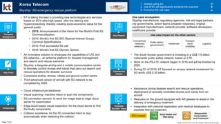 Key Facts
Uniqueness
Potential
Societal Value
Commercial
Impact
• Assistance during disaster search and rescue operations,
deployment of remotely controlled drones and robots from an
aircraft
• Rescuers on the ground equipped with AR glasses to assist in the
delivery of emergency treatment
• Integration with national registration and medical databases to
expedite first-aid treatment
SDG impact
• Cloud infrastructure backbone
• Visual scanning- machine vision to scan the components
• 5G connection camera- to send the image data to edge cloud
server for examination
• Edge-cloud-based visual inspection- for the cloud server to find
the faulty components
• Collision avoidance- for the 5G connected robot to stop
automatically when detecting the collision
• An innovative solution to showcase the capabilities of LTE and
5G networks – an airborne platform for disaster management
and search and rescue scenarios
• Skyship: a bespoke airship and a mobile communication centre
to remotely control drones and robots that carry out search and
rescue operations for disaster survivors
• Comprises airship, drones, robots and ground control centre
• Third advanced version of aircraft with 5G network to be
completed by 2020
• The South Korean government is investing in a US$ 1.5 billion
nationwide public safety network, based on LTE.
• Work on the PS-LTE network began in 2018 and will be finished by
2020.
• During Q1 of 2019, KT focused on access network investment for
5G worth US$ 0.35 billion.
Korea Telecom
Skyship: 5G emergency rescue platform
1. Already using 5G
2. Use of 5G will significantly enhance the outcome
3. Exclusive 5G use case
• KT is taking the lead in providing new technologies and services
based on 5G's ultra high speed, ultra low latency and
hyperconnectivity, thereby creating socio-economic value for the
general public.
• 2015: Announcement of the Vision for the World's First 5G
Commercialization
• 2015: World’s first 5G SIG (Special Interest Group)
Common Specifications
• 2016: First successful 5G call
• 2018: World's first 5G Olympic Games
Company
Background
Connectivity
/networks
(telecom.)
Public sector
(government)
Healthcare
Transpor-
tation
(mobility)
Use case ecosystem:
Skyship manufacturer, regulatory agencies, risk and legal partners,
city governments, action teams (disaster response), original
equipment manufacturers, network provider, software developers,
healthcare provider
Page 1 of 2
Key Players
Logistics
Good Health and
Well-being
Responsible
Consumption
and Production
World Economic Forum and PwC analysis | https://corp.kt.com/eng/
Use case impact on the other sectors
 
