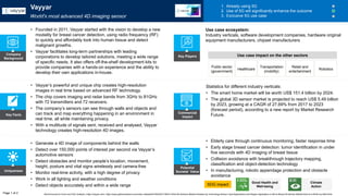 Key Facts
Uniqueness
Potential
Societal Value
Commercial
Impact
• Elderly care through continuous monitoring, faster response time
• Early stage breast cancer detection: tumor identification in under
five seconds with 4D imaging of breast tissue
• Collision avoidance with breakthrough trajectory mapping,
classification and object-detection technology
• In manufacturing, robotic appendage protection and obstacle
avoidance
SDG impact
• Generate a 4D image of components behind the walls
• Detect over 150,000 points of interest per second via Vayyar’s
automotive sensors
• Detect obstacles and monitor people’s location, movement,
height, posture and vital signs wirelessly and camera-free
• Monitor real-time activity, with a high degree of privacy
• Work in all lighting and weather conditions
• Detect objects accurately and within a wide range
• Vayyar’s powerful and unique chip creates high-resolution
images in real time based on advanced RF technology.
• The chip covers imaging and radar bands from 3GHz to 81GHz
with 72 transmitters and 72 receivers.
• The company’s sensors can see through walls and objects and
can track and map everything happening in an environment in
real time, all while maintaining privacy.
• With a multitude of signals sent, received and analysed, Vayyar
technology creates high-resolution 4D images.
Statistics for different industry verticals:
• The smart home market will be worth US$ 151.4 billion by 2024.
• The global 3D sensor market is projected to reach US$ 5.49 billion
by 2023, growing at a CAGR of 27.69% from 2017 to 2023
(forecast period), according to a new report by Market Research
Future.
Vayyar
World's most advanced 4D imaging sensor
1. Already using 5G
2. Use of 5G will significantly enhance the outcome
3. Exclusive 5G use case
• Founded in 2011, Vayyar started with the vision to develop a new
modality for breast cancer detection, using radio frequency (RF)
to quickly and affordably look into human tissue and detect
malignant growths.
• Vayyar facilitates long-term partnerships with leading
corporations to develop tailored solutions, meeting a wide range
of specific needs. It also offers off-the-shelf development kits to
provide companies with a hands-on experience and the ability to
develop their own applications in-house.
Company
Background
Public sector
(government)
Healthcare
Transportation
(mobility)
Retail and
entertainment
Use case ecosystem:
Industry verticals, software development companies, hardware original
equipment manufacturers, chipset manufacturers
Page 1 of 2
Key Players
Robotics
Good Health and
Well-being
Climate
Action
Use case impact on the other sectors
World Economic Forum and PwC analysis | https://vayyar.com/, https://www.globenewswire.com/news-release/2019/04/02/1795471/0/en/3D-Sensors-Market-Analysis-by-Technology-Sensor-Type-Applications-and-Region-Application-in-AR-to-Boost-3D-Sensor-Market-Size-to-5-49-Bn-by-2023.html
 