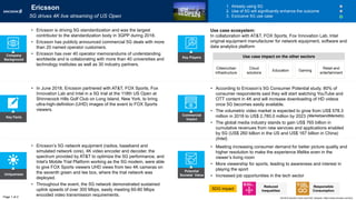 Key Facts
Uniqueness
Potential
Societal Value
Commercial
Impact
• Meeting increasing consumer demand for better picture quality and
higher resolution to make the experience lifelike even in the
viewer’s living room
• More viewership for sports, leading to awareness and interest in
playing the sport
• Increased job opportunities in the tech sector
SDG impact
• Ericsson’s 5G network equipment (radios, baseband and
simulated network core), 4K video encoder and decoder, the
spectrum provided by AT&T to optimize the 5G performance, and
Intel’s Mobile Trial Platform working as the 5G modem, were able
to give FOX Sports viewers UHD views from two 4K cameras on
the seventh green and tee box, where the trial network was
deployed.
• Throughout the event, the 5G network demonstrated sustained
uplink speeds of over 300 Mbps, easily meeting 60-80 Mbps
encoded video transmission requirements.
• In June 2018, Ericsson partnered with AT&T, FOX Sports, Fox
Innovation Lab and Intel in a 5G trial at the 118th US Open at
Shinnecock Hills Golf Club on Long Island, New York, to bring
ultra-high-definition (UHD) images of the event to FOX Sports
viewers.
• According to Ericsson’s 5G Consumer Potential study, 80% of
consumer respondents said they will start watching YouTube and
OTT content in 4K and will increase downloading of HD videos
once 5G becomes easily available.
• The volumetric video market is expected to grow from US$ 578.3
million in 2018 to US$ 2,780.0 million by 2023 (MarketsandMarkets).
• The global media industry stands to gain US$ 765 billion in
cumulative revenues from new services and applications enabled
by 5G (US$ 260 billion in the US and US$ 167 billion in China)
(Intel).
Ericsson
5G drives 4K live streaming of US Open
1. Already using 5G
2. Use of 5G will significantly enhance the outcome
3. Exclusive 5G use case
• Ericsson is driving 5G standardization and was the largest
contributor to the standardization body in 3GPP during 2018.
• Ericsson has publicly announced commercial 5G deals with more
than 20 named operator customers.
• Ericsson has over 40 operator memorandums of understanding
worldwide and is collaborating with more than 40 universities and
technology institutes as well as 30 industry partners.
Company
Background
Cities/urban
infrastructure
Cloud
solutions
Education Gaming
Use case ecosystem:
In collaboration with AT&T, FOX Sports, Fox Innovation Lab, Intel
original equipment manufacturer for network equipment, software and
data analytics platform
Page 1 of 2
Key Players
Retail and
entertainment
Reduced
Inequalities
Responsible
Consumption
World Economic Forum and PwC analysis | https://www.ericsson.com/en|
Use case impact on the other sectors
 