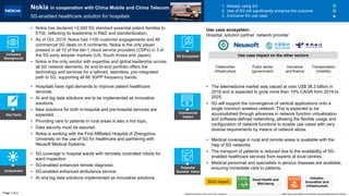Key Facts
Uniqueness
Potential
Societal Value
Commercial
Impact
• Medical coverage in rural and remote areas is available with the
help of 5G networks.
• The transport of patients is reduced due to the availability of 5G-
enabled healthcare services from experts at local centres.
• Medical personnel and specialists in serious diseases are available,
ensuring immediate care to patients.
SDG impact
• 5G coverage in hospital wards with remotely controlled robots for
ward inspection
• 5G-enabled enhanced remote diagnosis
• 5G-enabled enhanced ambulance service
• AI and big data solutions implemented as innovative solutions
• Hospitals have rigid demands to improve patient healthcare
services.
• AI and big data solutions are to be implemented as innovative
solutions.
• New solutions for both in-hospital and pre-hospital services are
expected.
• Providing care to patients in rural areas is also a hot topic.
• Data security must be assured.
• Nokia is working with the First Affiliated Hospital of Zhengzhou
University on the use of 5G for healthcare and partnering with
Neusoft Medical Systems.
• The telemedicine market was valued at over US$ 38.3 billion in
2018 and is expected to grow more than 19% CAGR from 2019 to
2025.
• 5G will support the convergence of vertical applications onto a
single common wireless network. This is expected to be
accomplished through advances in network function virtualization
and software-defined networking, allowing the flexible usage and
configuration of network functions to enable use cases with very
diverse requirements by means of network slices.
Nokia in cooperation with China Mobile and China Telecom
5G-enabled healthcare solution for hospitals
1. Already using 5G
2. Use of 5G will significantly enhance the outcome
3. Exclusive 5G use case
• Nokia has declared >2,000 5G standard essential patent families to
ETSI, reflecting its leadership in R&D and standardization.
• As of Oct. 2019, Nokia had >100 customer engagements and 48
commercial 5G deals on 6 continents. Nokia is the only player
present in all 10 of the tier-1 cloud service providers (CSPs) in 3 of
the 5G early adopter markets (US, South Korea and Japan).
• Nokia is the only vendor with expertise and global leadership across
all 5G network elements. Its end-to-end portfolio offers the
technology and services for a tailored, seamless, pre-integrated
path to 5G, supporting all 66 3GPP frequency bands.
Company
Background
Cities/urban
infrastructure
Public sector
(government)
Insurance
and finance
Transportation
(mobility)
Use case ecosystem:
Hospital, solution partner, network provider
Page 1 of 2
5G Ecosystem
Good Health and
Well-being
Industry,
Innovation and
Infrastructure
World Economic Forum and PwC analysis | https://www.nokia.com/networks/industries/healthcare/, https://www.gminsights.com/industry-analysis/telemedicine-market
Use case impact on the other sectors
 