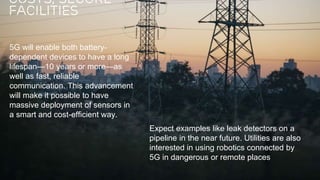 Ericsson Internal | 2016-03-28 | Page 3
5G will enable both battery-
dependent devices to have a long
lifespan—10 years or more—as
well as fast, reliable
communication. This advancement
will make it possible to have
massive deployment of sensors in
a smart and cost-efficient way.
costs, secure
facilities
Expect examples like leak detectors on a
pipeline in the near future. Utilities are also
interested in using robotics connected by
5G in dangerous or remote places
 