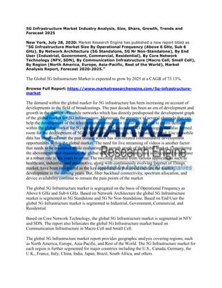 5G Infrastructure Market Industry Analysis, Size, Share, Growth, Trends and
Forecast 2025
New York, July 28, 2020: Market Research Engine has published a new report titled as
“5G Infrastructure Market Size By Operational Frequency (Above 6 GHz, Sub 6
GHz), By Network Architecture (5G Standalone, 5G Nr Non-Standalone), By End
User (Industrial, Government, Commercial, Residential), By Core Network
Technology (NFV, SDN), By Communication Infrastructure (Macro Cell, Small Cell),
By Region (North America, Europe, Asia-Pacific, Rest of the World), Market
Analysis Report, Forecast 2020-2025.”
The Global 5G Infrastructure Market is expected to grow by 2025 at a CAGR of 73.13%.
Browse Full Report: https://www.marketresearchengine.com/5g-infrastructure-
market
The demand within the global market for 5G infrastructure has been increasing on account of
developments in the field of broadcastings. The past decade has been an era of development and
growth in the domain of mobile networks which has directly predisposed the development graph
of the global market for 5G infrastructure. Moreover, the presence of several channels that can
help the development of the telecommunications sector is also anticipated to create demand
within the global market for 5G infrastructure. The success of 4G technologies has also formed
room for the development of 5G technologies which has in turn boosted demand. Use of mobile
data has improved over the past decade which has also created commendable development
opportunities within the global market. The need for live streaming of videos is another factor
that needs to be measured while evaluating the growth graph of the global market. Considering
the abovementioned dynamics, the global market for 5G infrastructure is anticipated to increase
at a robust rate in the years to come. The swelling demand from various applications such as
healthcare, industrial, and automotive, along with continuously evolving Internet of Things
market, have been recognized as the key opportunities that could escalate the market
development in the coming years. But, fiber backhaul connectivity, spectrum allocation, and
device availability continue to remain the pain points of the market.
The global 5G Infrastructure market is segregated on the basis of Operational Frequency as
Above 6 GHz and Sub 6 GHz. Based on Network Architecture the global 5G Infrastructure
market is segmented in 5G Standalone and 5G Nr Non-Standalone. Based on End User the
global 5G Infrastructure market is segmented in Industrial, Government, Commercial, and
Residential.
Based on Core Network Technology, the global 5G Infrastructure market is segmented in NFV
and SDN. The report also bifurcates the global 5G Infrastructure market based on
Communication Infrastructure in Macro Cell and Small Cell.
The global 5G Infrastructure market report provides geographic analysis covering regions, such
as North America, Europe, Asia-Pacific, and Rest of the World. The 5G Infrastructure market for
each region is further segmented for major countries including the U.S., Canada, Germany, the
U.K., France, Italy, China, India, Japan, Brazil, South Africa, and others.
 