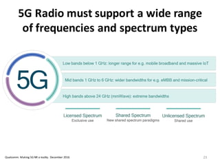 5G	
  Radio	
  must	
  support	
  a	
  wide	
  range	
  
of	
  frequencies	
  and	
  spectrum	
  types
23
addition to supporting a wide range of services and devices, 5G will make the best use of a wide array
spectrum available across regulatory paradigms and spectrum bands. Previous generation networks
imarily operated in licensed spectrum bands below 3 GHz, 5G will bring the next level of convergence
th support for licensed, shared, and unlicensed spectrum from the very beginning. Moreover, 5G will
xpand spectrum usage to low-bands below 1 GHz, mid-bands between 1 GHz and 6 GHz, and high-
ands above 24 GHz, loosely known as mmWave, which will open up vast amount of bandwidths for
xtreme data rates and capacity that were previously not usable for wide-area mobile communications.
Figure 4: 5G will natively support all different spectrum types
ualcomm is pioneering spectrum sharing technologies today with various efforts including LTE-U15
,
AA16
, LWA17
, CBRS18
, LSA19
, and MulteFire. 5G will be built to natively support and advance these
ITU Recommendation ITU-R M.2083-0, September, 2015; http://www.itu.int/rec/R-REC-M.2083-0-201509-I
Qualcomm.	
  Making	
  5G	
  NR	
  a	
  reality.	
  December	
  2016
 