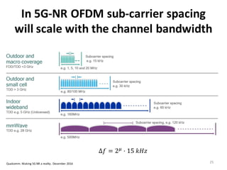In	
  5G-­‐NR	
  OFDM	
  sub-­‐carrier	
  spacing	
  
will	
  scale	
  with	
  the	
  channel	
  bandwidth
25
1 Scalable OFDM numerology with scaling of subcarrier spacing
ay, LTE supports carrier bandwidths up to 20 MHz with mostly a fixed OFDM numerology - 15 k
ing between OFDM tones or sub-carriers33
. 5G NR, on the other hand, will introduce scalable OFD
erology to support diverse spectrum bands/types and deployment models. For example, 5G NR mu
ble to operate in mmWave bands that have wider channel widths (e.g., 100s of MHz). It is critic
he OFDM subcarrier spacing is able to scale with the channel width, so the FFT34
size scales su
processing complexity does not increase exponentially for wider bandwidths.
Figure 10: Example usage models, channel bandwidths, and subcarrier spacing
k-to-average power ratio
merology Definition
eform, Numerology and Frame Structure
able subcarrier spacing
∆𝑓 = 2 𝜇
· 15 𝑘𝐻𝑧
meters defining a numerology:
Qualcomm.	
  Making	
  5G	
  NR	
  a	
  reality.	
  December	
  2016
 