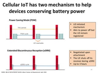 Cellular	
  IoT	
  has	
  two	
  mechanism	
  to	
  help	
  
devices	
  conserving	
  battery	
  power
34
Page 13 of 35
when the radio module was turned back on. The reattach procedure consumes a small
amount of energy, but the cumulative energy consumption of reattaches can become
significant over the lifetime of a device. Therefore, battery life could be extended if this
procedure could be avoided.
When a device initiates PSM with the network, it provides two preferred timers (T3324 and
T3412); PSM time is the difference between these timers (T3412-T3324). The network may
accept these values or set different ones. The network then retains state information and the
device remains registered with the network. If a device awakes and sends data before the
expiration of the time interval it agreed with the network, a reattach procedure is not
required.
Figure 2: TAU (Tracking Area Updating) period and PSM cycle
For example, for a monitoring application, the radio module in a device might be configured
by an application to enable PSM, negotiate a 24-hour time interval with the network and
Power	
  Saving	
  Mode	
  (PSM)
§ UE	
  initiated	
  
mechanism
§ Akin	
  to	
  power	
  off	
  but	
  
the	
  UE	
  remain	
  
registered
It is recommended that a “store and forward” policy should be supported for PSM. The
operator should consider storing/forwarding the last received packets or an SMS (whichever
is supported) to be sent to the device when it awakens. At a minimum, the last packet of
100 bytes should be sent, to allow the customer to send a simple message. Any
store/forward limitations or errors should be communicated to the customer as part of a
service level agreement.
6.2 eDRX configurations
Extended Discontinuous Reception (eDRX) is an extension of an existing LTE feature, which
can be used by IoT devices to reduce power consumption. eDRX can be used without PSM
or in conjunction with PSM to obtain additional power savings.
Today, many smartphones use discontinuous reception (DRX) to extend battery life between
recharges. By momentarily switching off the receive section of the radio module for a
fraction of a second, the smartphone is able to save power. The smartphone cannot be
contacted by the network whilst it is not listening, but if the period of time is kept to a brief
moment, the smartphone user will not experience a noticeable degradation of service. For
example, if called, the smartphone might simply ring a fraction of a second later than if DRX
was not enabled.
eDRX allows the time interval during which a device is not listening to the network to be
greatly extended. For an IoT application, it might be quite acceptable for the device to not
be reachable for a few seconds or longer.
Whilst not providing the same levels of power reduction as PSM, for some applications
eDRX may provide a good compromise between device reachability and power
consumption.Extended	
  Discontinuous	
  Reception	
  (eDRX)
§ Negotiated	
  upon	
  
attachment	
  
§ The	
  UE	
  shuts	
  off	
  its	
  
receiver	
  during	
   eDRX
§ Up	
  to	
  3	
  hours
GSMA.	
  NB-­‐IoT	
  DEPLOYMENT	
  GUIDE	
  to	
  Basic	
  Feature	
  set	
  Requirements	
   April	
   2018
 