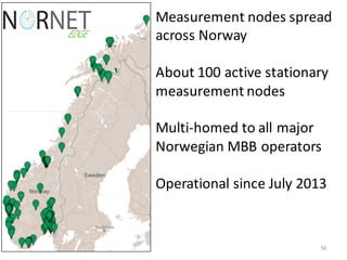 56
Measurement	
  nodes	
  spread	
  
across	
  Norway
About	
  100	
  active	
  stationary	
  
measurement	
  nodes	
  	
  
Multi-­‐homed	
  to	
  all	
  major	
  
Norwegian	
  MBB	
  operators	
  
Operational	
  since	
  July	
  2013
 