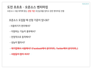 도전 초초초 – 오픈소스 벤치마킹
오픈소스 사용 목적에 맞는 선정 기준 우선순위를 정하고 관련 벤치마킹 진행
오픈소스 도입할 때 선정 기준이 있나요?
- 사용하기가 편리해서?
- 지원하는 기능이 풍부해서?
- 안정적으로 동작해서?
- 성능이 빨라서?
- 대기업에서 사용해서? (Facebook에서 쓴다더라.. Twitter에서 쓴다더라..)
- 사람들이 많이 써서?
 