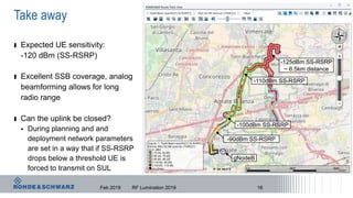 Take away
ı Expected UE sensitivity:
-120 dBm (SS-RSRP)
ı Excellent SSB coverage, analog
beamforming allows for long
radio range
ı Can the uplink be closed?
 During planning and and
deployment network parameters
are set in a way that if SS-RSRP
drops below a threshold UE is
forced to transmit on SUL
Feb 2019 RF Lumination 2019 16
-125dBm SS-RSRP
~ 6.5km distance
gNodeB
-110dBm SS-RSRP
-90dBm SS-RSRP
-100dBm SS-RSRP
 