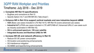 3GPP RAN Workplan and Priorities
Timeframe: July 2018 – Dec 2019
ı Complete NR Rel-15 specifications
 Bugfixes and corrections to Rel-15
 Specify Option 4 & 7 and NR-NR DC (“late drops”)
ı Enhance NR in Rel-16 to support vertical markets and new industries beyond eMBB
 V2X (Basic use cases included in LTE Rel-14/15, NR Rel-16 covers advanced use cases)
 Industrial IoT (LPWA use cases included in LTE eMTC/NB-IoT, Advanced URLLC use cases such
as industry automation in NR Rel-16)
 5G in unlicensed spectrum / 5G over satellite
 Integrated Access and Backhaul (IAB) for NR
ı Increase NR UE and network efficiency in Rel-16
 Reduce 5G UE power consumption
 5G location and positioning enhancements
 5G Interference mitigation
 5G MIMO and beamforming enhancements
42Feb 2019 RF Lumination 2019
 