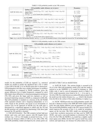 TABLE I: LOS probability models in the UMi scenario.
LOS probability models (distances are in meters) Parameters
3GPP TR 38.901 [101]
Outdoor users:
PLOS(d2D) = min(d1/d2D, 1)(1 − exp(−d2D/d2)) + exp(−d2D/d2)
Indoor users:
Use d2D−out in the formula above instead of d2D
d1 = 18 m
d2 = 36 m
5GCM [12]
d1/d2 model:
PLOS(d2D) = min(d1/d2D, 1)(1 − exp(−d2D/d2)) + exp(−d2D/d2)
NYU (squared) model:
PLOS(d2D) = (min(d1/d2D, 1)(1 − exp(−d2D/d2)) + exp(−d2D/d2))2
d1/d2 model:
d1 = 20 m
d2 = 39 m
NYU (squared) model:
d1 = 22 m
d2 = 100 m
METIS [102]
Outdoor users:
PLOS(d2D) = min(d1/d2D, 1)(1 − exp(−d2D/d2)) + exp(−d2D/d2)
Indoor users:
Use d2D−out in the formula above instead of d2D
d1 = 18 m
d2 = 36 m
10 m ≤ d2D
mmMAGIC [92]
Outdoor users:
P(d2D) = min(d1/d2D, 1)(1 − exp(−d2D/d2)) + exp(−d2D/d2)
Indoor users:
Use d2D−out in the formula above instead of d2D
d1 = 20 m
d2 = 39 m
Note : d2D is the 2D T-R Euclidean distance, and d2D−out is the 2D Euclidean distance of the straight line between the TX and building facade
TABLE II: LOS probability models for the UMa scenario
LOS probability models (distances are in meters) Parameters
3GPP TR 38.901 [101]
Outdoor users:
PLOS = (min(d1/d2D, 1)(1 − exp(−d2D/d2)) + exp(−d2D/d2)) (1 + C(d2D, hUE))
where,
C(d2D, hUE) =
(
0, hUE < 13 m

hUE −13
10
1.5
g(d2D), 13 m ≤ hUE ≤ 23 m
and,
g(d2D) =
(
0, d2D ≤ 18 m
(1.25e − 6)(d2D)3 exp(−d2D/150), 18 m  d2D
Indoor users:
Use d2D−out in the formula above instead of d2D
d1 = 18 m
d2 = 63 m
5GCM [12]
d1/d2 model:
PLOS = (min(d1/d2D, 1)(1 − exp(−d2D/d2)) + exp(−d2D/d2)) (1 + C(d2D, hUE))
NYU (squared) model:
PLOS = ((min(d1/d2D, 1)(1 − exp(−d2D/d2)) + exp(−d2D/d2)) (1 + C(d2D, hUE)))2
d1/d2 model:
d1 = 20 m
d2 = 66 m
NYU (squared) model:
d1 = 20 m
d2 = 160 m
METIS [102]
Outdoor users:
PLOS = (min(d1/d2D, 1)(1 − exp(−d2D/d2)) + exp(−d2D/d2)) (1 + C(d2D, hUE))
Indoor users:
Use d2D−out in the formula above instead of d2D
d1 = 18 m
d2 = 63 m
models for the probability of LOS are required, i.e., statistical
models are needed to predict the likelihood that a UE is within
a clear LOS of the BS, or in an NLOS region due to obstructions.
LOS propagation will offer more reliable performance in mmWave
communications as compared to NLOS conditions, given the
greater diffraction loss at higher frequencies compared to sub-6
GHz bands where diffraction is a dominant propagation mechanism
[75], [95], and given the larger path loss exponent as well as
increased shadowing variance in NLOS as compared to LOS [28].
The LOS probability is modeled as a function of the 2D TX-RX
(T-R) separation distance and is frequency-independent, as it is
solely based on the geometry and layout of an environment or
scenario [23]. In the approach of 5GCM [12], the LOS state is
determined by a map-based approach in which only the TX and
the RX positions are considered for determining if the direct path
between the TX and RX is blocked.
1) UMi LOS Probability: The UMi scenarios include high user
density open areas and street canyons with BS heights below
rooftops (e.g., 3-20 m), UE heights at ground level (e.g., 1.5 m)
and inter-site distances (ISDs) of 200 m or less [96], [106]. The
UMi LOS probability models developed by the various parties are
provided in Table I and are detailed below.
a) 3GPP TR 38.901: The antenna height is assumed to be
10 m in the UMi LOS probability model [101] and the model is
referred to as the 3GPP/ITU d1/d2 model (it originates in [96],
[106]), with d1 and d2 curve-fit parameters shown in Table I. In
[101], model parameters were found to be d1 = 18 m and d2 =
36 m for UMi. For a link between an outdoor BS and an indoor UE,
the model uses the outdoor distance d2D−out, which is the distance
from the BS to the surface of the indoor building, to replace d2D.
b) 5GCM: 5GCM provides two LOS probability models, the
first one is identical in form to the 3GPP TR 38.901 outdoor model
[101], but with slightly different curve-fit parameters (d1 and d2).
The second LOS probability model is the NYU squared model [23],
which improves the accuracy of the d1/d2 model by including a
square on the last term. The NYU model was developed using
a much finer resolution intersection test than used by 3GPP TR
38.901, and used a real-world database in downtown New York
City [23]. For UMi, the 5GCM d1/d2 model has a slightly smaller
mean square error (MSE), but the NYU squared model has a more
realistic and rapid decay over distance for urban clutter [12], [23].
 