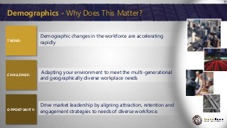 8
Demographics - Why Does This Matter?
Demographic changes in the workforce are accelerating
rapidly
Adapting your environ...