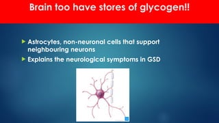 Brain too have stores of glycogen!!
 Astrocytes, non-neuronal cells that support
neighbouring neurons
 Explains the neurological symptoms in GSD
 