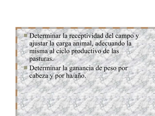 Determinar la receptividad del campo y ajustar la carga animal, adecuando la misma al ciclo productivo de las pasturas. Determinar la ganancia de peso por cabeza y por ha/año. 