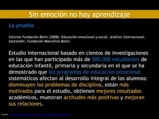 Sin emoción no hay aprendizaje
La prueba
Informe Fundación Botín (2008): Educación emocional y social. Análisis internacional.
Santander, Fundación Marcelino Botín.
Estudio internacional basado en cientos de investigaciones
en las que han participado más de 500.000 estudiantes de
educación infantil, primaria y secundaria en el que se ha
demostrado que los programas de educación emocional
sistemáticos afectan al desarrollo integral de los alumnos:
disminuyen los problemas de disciplina, están más
motivados para el estudio, obtienen mejores resultados
académicos, muestran actitudes más positivas y mejoran
sus relaciones.
Fuente: https://escuelaconcerebro.wordpress.com/tag/plasticidad-cerebral/
 