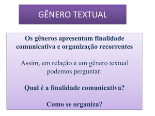 Os gêneros apresentam finalidade
comunicativa e organização recorrentes
Assim, em relação a um gênero textual
podemos perguntar:
Qual é a finalidade comunicativa?
Como se organiza?
GÊNERO TEXTUAL
 