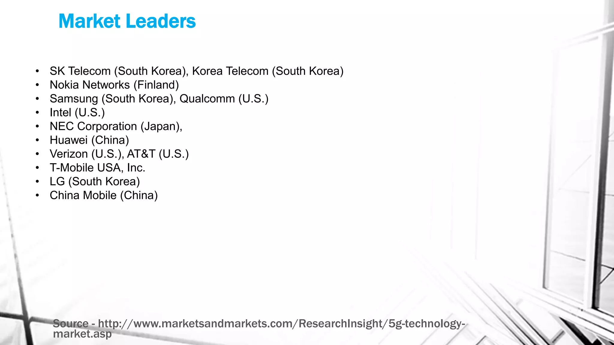 Market Leaders
Source - http://www.marketsandmarkets.com/ResearchInsight/5g-technology-
market.asp
• SK Telecom (South Korea), Korea Telecom (South Korea)
• Nokia Networks (Finland)
• Samsung (South Korea), Qualcomm (U.S.)
• Intel (U.S.)
• NEC Corporation (Japan),
• Huawei (China)
• Verizon (U.S.), AT&T (U.S.)
• T-Mobile USA, Inc.
• LG (South Korea)
• China Mobile (China)
 