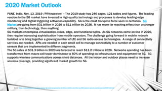 2020 Market Outlook
Source - https://www.prnewswire.com/news-releases/5g-market-are-going-from-31-billion-in-2020-to-11-trillion-by-2026-research-report-by-reportsnreports-300957194.html
PUNE, India, Nov. 13, 2019 /PRNewswire/ -- The 2019 study has 246 pages, 121 tables and figures. The leading
vendors in the 5G market have invested in high-quality technology and processes to develop leading edge
monitoring and digital triggering activation capability. 5G is the most disruptive force seen in centuries. 5G
Market are going from $31 billion in 2020 to $11 trillion by 2026. It has more far reaching effect than a stronger
military, than technology, than anything.
5G markets encompass virtualization, cloud, edge, and functional splits. As 5G networks come on line in 2020,
they require increasing sophistication from mobile operators. The challenge going forward in mobile network
buildout is to bring together a growing number of LTE and 5G radio access technologies. A range of connectivity
services are needed. APIs are needed in each small cell to manage connectivity to a number of customer
sensors that are implemented in different segments.
The 5G sales at $31.3 billion in 2020 are forecast to reach $11.2 trillion in 2026. Networks spending has been
transformed from macro cell tower dominance to 80% of spending on infrastructure and equipment for 5G. 5G
supports wireless communications across short distances. All the indoor and outdoor places need to increase
wireless coverage, providing significant market growth for 5G.
 