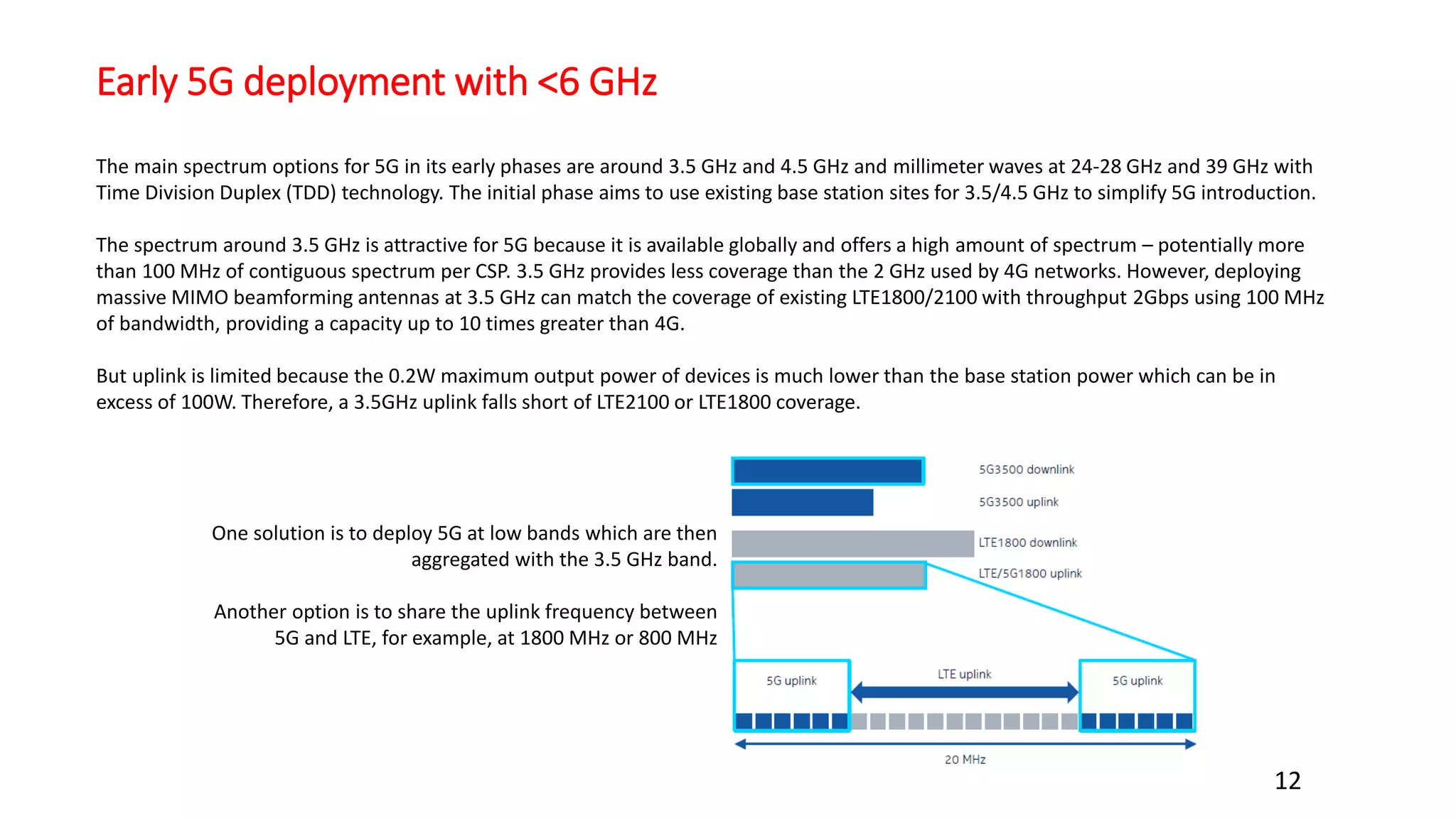 Early 5G deployment with <6 GHz
12
The main spectrum options for 5G in its early phases are around 3.5 GHz and 4.5 GHz and millimeter waves at 24-28 GHz and 39 GHz with
Time Division Duplex (TDD) technology. The initial phase aims to use existing base station sites for 3.5/4.5 GHz to simplify 5G introduction.
The spectrum around 3.5 GHz is attractive for 5G because it is available globally and offers a high amount of spectrum – potentially more
than 100 MHz of contiguous spectrum per CSP. 3.5 GHz provides less coverage than the 2 GHz used by 4G networks. However, deploying
massive MIMO beamforming antennas at 3.5 GHz can match the coverage of existing LTE1800/2100 with throughput 2Gbps using 100 MHz
of bandwidth, providing a capacity up to 10 times greater than 4G.
But uplink is limited because the 0.2W maximum output power of devices is much lower than the base station power which can be in
excess of 100W. Therefore, a 3.5GHz uplink falls short of LTE2100 or LTE1800 coverage.
One solution is to deploy 5G at low bands which are then
aggregated with the 3.5 GHz band.
Another option is to share the uplink frequency between
5G and LTE, for example, at 1800 MHz or 800 MHz
 