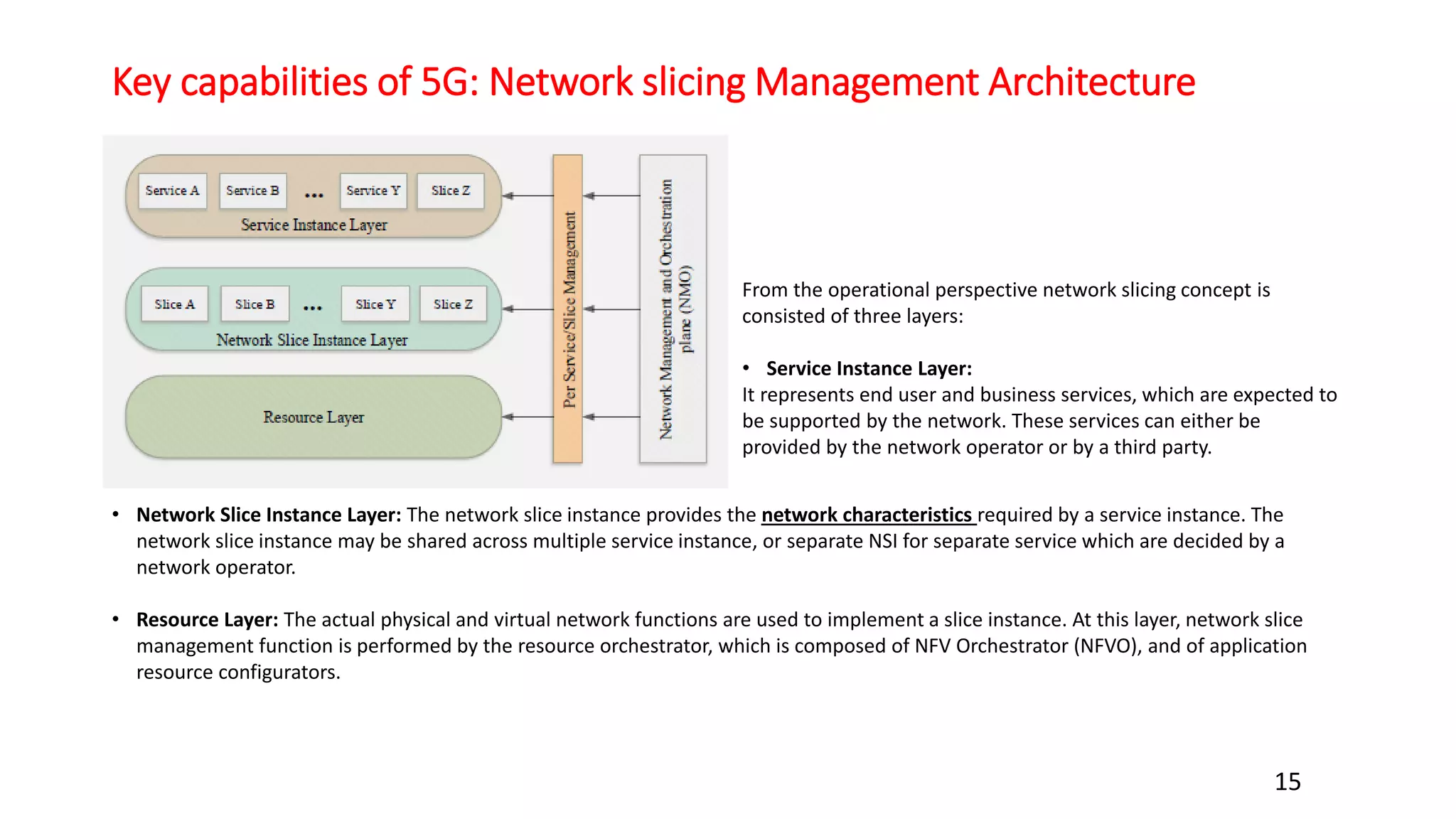 Key capabilities of 5G: Network slicing Management Architecture
15
From the operational perspective network slicing concept is
consisted of three layers:
• Service Instance Layer:
It represents end user and business services, which are expected to
be supported by the network. These services can either be
provided by the network operator or by a third party.
• Network Slice Instance Layer: The network slice instance provides the network characteristics required by a service instance. The
network slice instance may be shared across multiple service instance, or separate NSI for separate service which are decided by a
network operator.
• Resource Layer: The actual physical and virtual network functions are used to implement a slice instance. At this layer, network slice
management function is performed by the resource orchestrator, which is composed of NFV Orchestrator (NFVO), and of application
resource configurators.
 