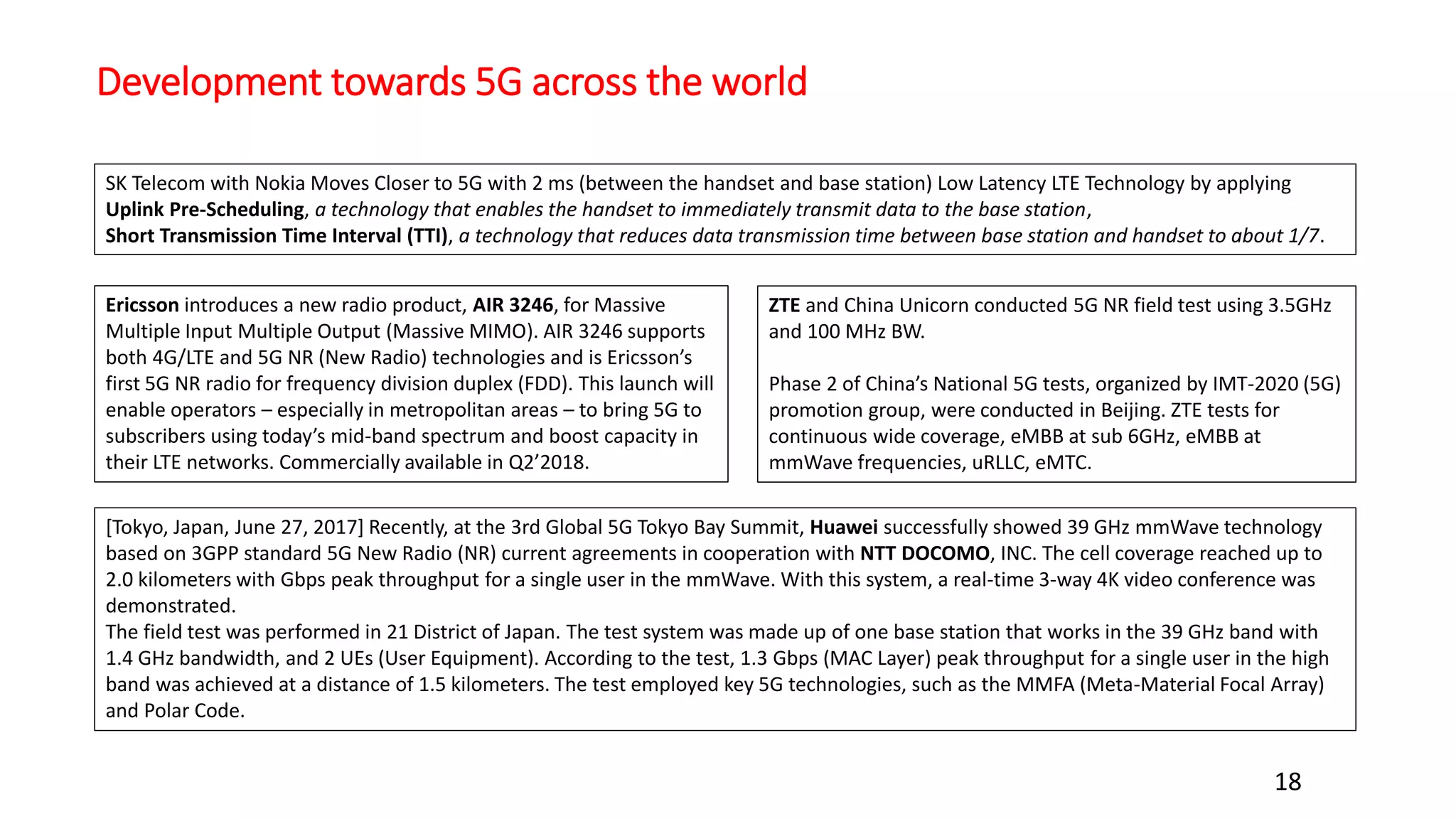 Development towards 5G across the world
18
SK Telecom with Nokia Moves Closer to 5G with 2 ms (between the handset and base station) Low Latency LTE Technology by applying
Uplink Pre-Scheduling, a technology that enables the handset to immediately transmit data to the base station,
Short Transmission Time Interval (TTI), a technology that reduces data transmission time between base station and handset to about 1/7.
Ericsson introduces a new radio product, AIR 3246, for Massive
Multiple Input Multiple Output (Massive MIMO). AIR 3246 supports
both 4G/LTE and 5G NR (New Radio) technologies and is Ericsson’s
first 5G NR radio for frequency division duplex (FDD). This launch will
enable operators – especially in metropolitan areas – to bring 5G to
subscribers using today’s mid-band spectrum and boost capacity in
their LTE networks. Commercially available in Q2’2018.
ZTE and China Unicorn conducted 5G NR field test using 3.5GHz
and 100 MHz BW.
Phase 2 of China’s National 5G tests, organized by IMT-2020 (5G)
promotion group, were conducted in Beijing. ZTE tests for
continuous wide coverage, eMBB at sub 6GHz, eMBB at
mmWave frequencies, uRLLC, eMTC.
[Tokyo, Japan, June 27, 2017] Recently, at the 3rd Global 5G Tokyo Bay Summit, Huawei successfully showed 39 GHz mmWave technology
based on 3GPP standard 5G New Radio (NR) current agreements in cooperation with NTT DOCOMO, INC. The cell coverage reached up to
2.0 kilometers with Gbps peak throughput for a single user in the mmWave. With this system, a real-time 3-way 4K video conference was
demonstrated.
The field test was performed in 21 District of Japan. The test system was made up of one base station that works in the 39 GHz band with
1.4 GHz bandwidth, and 2 UEs (User Equipment). According to the test, 1.3 Gbps (MAC Layer) peak throughput for a single user in the high
band was achieved at a distance of 1.5 kilometers. The test employed key 5G technologies, such as the MMFA (Meta-Material Focal Array)
and Polar Code.
 