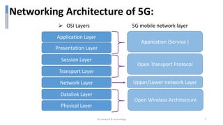 Networking Architecture of 5G:
 OSI Layers 5G mobile network layer
Application Layer
Presentation Layer
Session Layer
Transport Layer
Physical Layer
Application (Service )
Open Transport Protocol
Open Wireless Architecture
Upper/Lower network Layer
Datalink Layer
Network Layer
5G network & technology 7
 