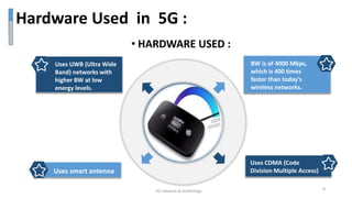 Hardware Used in 5G :
• HARDWARE USED :
Uses UWB (Ultra Wide
Band) networks with
higher BW at low
energy levels.
BW is of 4000 Mbps,
which is 400 times
faster than today’s
wireless networks.
Uses CDMA (Code
Division Multiple Access)Uses smart antenna
CRATIVE
5G network & technology 8
 