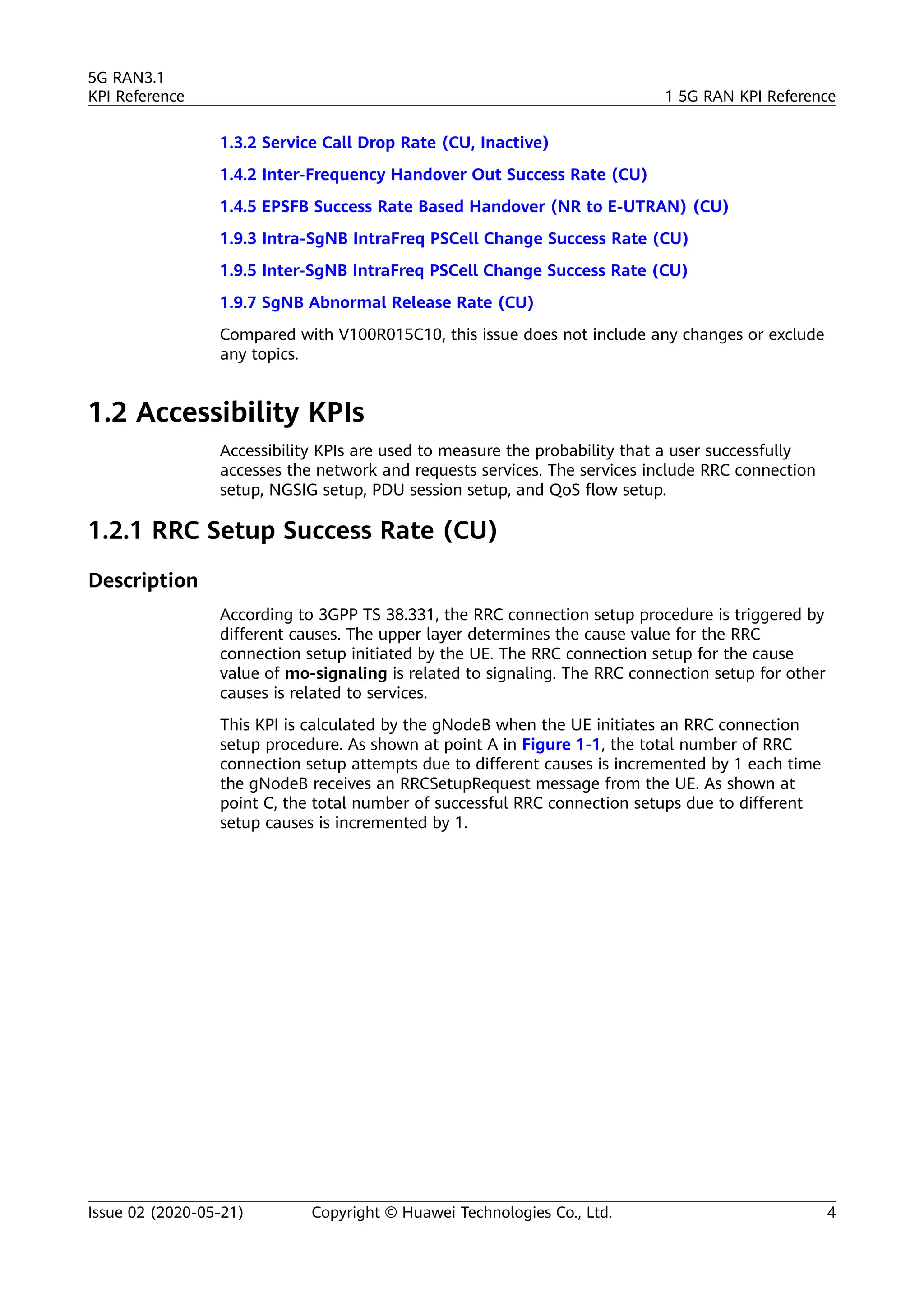 1.3.2 Service Call Drop Rate (CU, Inactive)
1.4.2 Inter-Frequency Handover Out Success Rate (CU)
1.4.5 EPSFB Success Rate Based Handover (NR to E-UTRAN) (CU)
1.9.3 Intra-SgNB IntraFreq PSCell Change Success Rate (CU)
1.9.5 Inter-SgNB IntraFreq PSCell Change Success Rate (CU)
1.9.7 SgNB Abnormal Release Rate (CU)
Compared with V100R015C10, this issue does not include any changes or exclude
any topics.
1.2 Accessibility KPIs
Accessibility KPIs are used to measure the probability that a user successfully
accesses the network and requests services. The services include RRC connection
setup, NGSIG setup, PDU session setup, and QoS flow setup.
1.2.1 RRC Setup Success Rate (CU)
Description
According to 3GPP TS 38.331, the RRC connection setup procedure is triggered by
different causes. The upper layer determines the cause value for the RRC
connection setup initiated by the UE. The RRC connection setup for the cause
value of mo-signaling is related to signaling. The RRC connection setup for other
causes is related to services.
This KPI is calculated by the gNodeB when the UE initiates an RRC connection
setup procedure. As shown at point A in Figure 1-1, the total number of RRC
connection setup attempts due to different causes is incremented by 1 each time
the gNodeB receives an RRCSetupRequest message from the UE. As shown at
point C, the total number of successful RRC connection setups due to different
setup causes is incremented by 1.
5G RAN3.1
KPI Reference 1 5G RAN KPI Reference
Issue 02 (2020-05-21) Copyright © Huawei Technologies Co., Ltd. 4
 