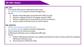 NR RRC States
RRC_IDLE:
• A UE specific DRX may be configured by upper layers.
• UE controlled mobility based on network configuration;
• The UE:
a. Monitors Short Messages transmitted with P-RNTI over DCI;
b. Monitors a Paging channel for CN paging using 5G-S-TMSI;
c. Performs neighboring cell measurements and cell (re-)selection;
d. Acquires system information and can send SI request.
RRC_INACTIVE:
• Performs all operations of RRC IDLE state;
• UE controlled mobility based on network configuration;
• The UE stores the UE Inactive AS context;
• A RAN-based notification area is configured by RRC layer;
• The UE:
a. Performs RAN-based notification area updates periodically and when moving outside the configured
RAN-based notification area;
b. All UE operations of RRC IDLE mode
 