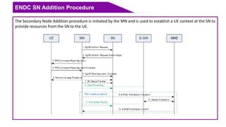 ENDC SN Addition Procedure
The Secondary Node Addition procedure is initiated by the MN and is used to establish a UE context at the SN to
provide resources from the SN to the UE.
 