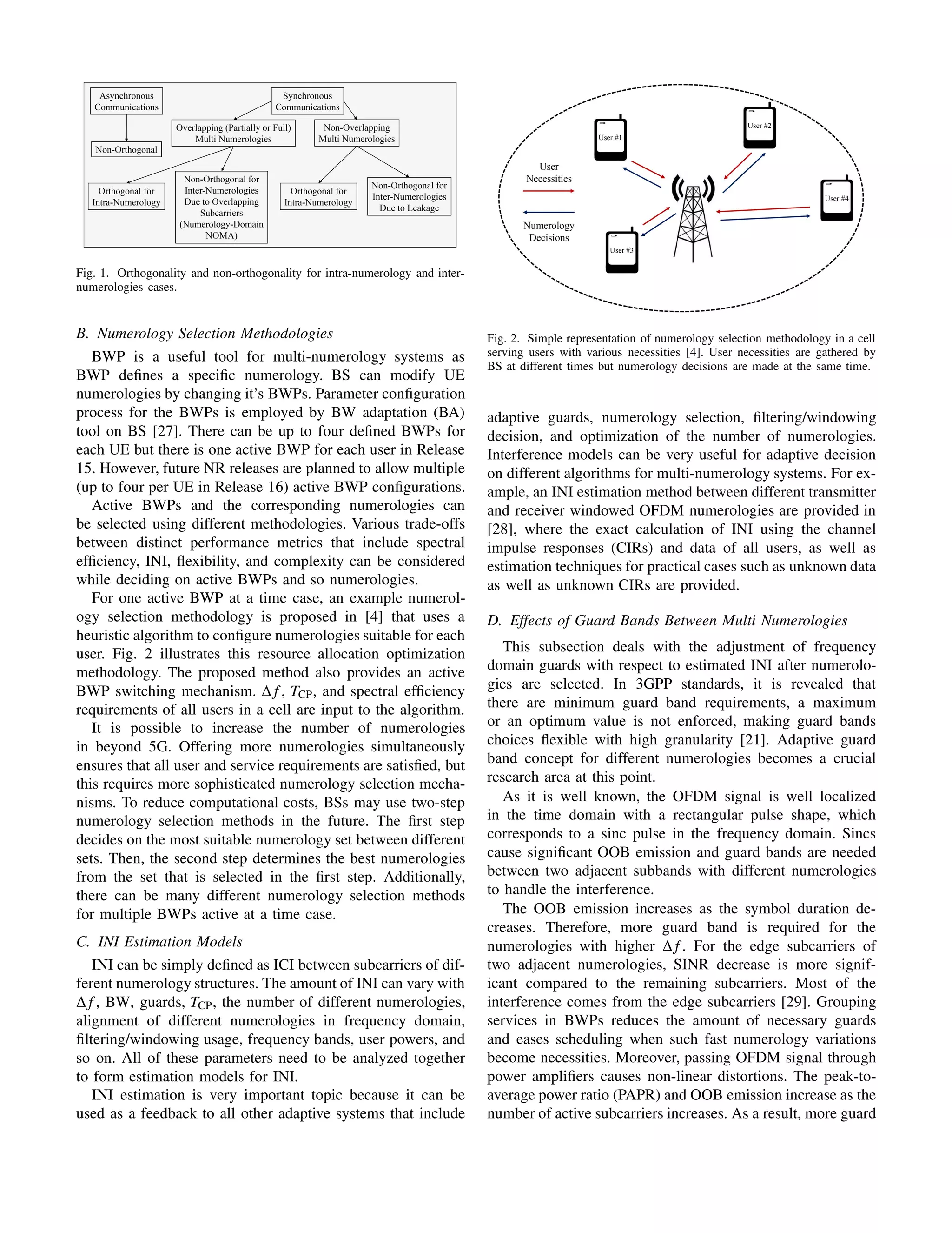 Fig. 1. Orthogonality and non-orthogonality for intra-numerology and inter-
numerologies cases.
B. Numerology Selection Methodologies
BWP is a useful tool for multi-numerology systems as
BWP deﬁnes a speciﬁc numerology. BS can modify UE
numerologies by changing it’s BWPs. Parameter conﬁguration
process for the BWPs is employed by BW adaptation (BA)
tool on BS [27]. There can be up to four deﬁned BWPs for
each UE but there is one active BWP for each user in Release
15. However, future NR releases are planned to allow multiple
(up to four per UE in Release 16) active BWP conﬁgurations.
Active BWPs and the corresponding numerologies can
be selected using different methodologies. Various trade-offs
between distinct performance metrics that include spectral
efﬁciency, INI, ﬂexibility, and complexity can be considered
while deciding on active BWPs and so numerologies.
For one active BWP at a time case, an example numerol-
ogy selection methodology is proposed in [4] that uses a
heuristic algorithm to conﬁgure numerologies suitable for each
user. Fig. 2 illustrates this resource allocation optimization
methodology. The proposed method also provides an active
BWP switching mechanism. ∆ f , TCP, and spectral efﬁciency
requirements of all users in a cell are input to the algorithm.
It is possible to increase the number of numerologies
in beyond 5G. Offering more numerologies simultaneously
ensures that all user and service requirements are satisﬁed, but
this requires more sophisticated numerology selection mecha-
nisms. To reduce computational costs, BSs may use two-step
numerology selection methods in the future. The ﬁrst step
decides on the most suitable numerology set between different
sets. Then, the second step determines the best numerologies
from the set that is selected in the ﬁrst step. Additionally,
there can be many different numerology selection methods
for multiple BWPs active at a time case.
C. INI Estimation Models
INI can be simply deﬁned as ICI between subcarriers of dif-
ferent numerology structures. The amount of INI can vary with
∆ f , BW, guards, TCP, the number of different numerologies,
alignment of different numerologies in frequency domain,
ﬁltering/windowing usage, frequency bands, user powers, and
so on. All of these parameters need to be analyzed together
to form estimation models for INI.
INI estimation is very important topic because it can be
used as a feedback to all other adaptive systems that include
Fig. 2. Simple representation of numerology selection methodology in a cell
serving users with various necessities [4]. User necessities are gathered by
BS at different times but numerology decisions are made at the same time.
adaptive guards, numerology selection, ﬁltering/windowing
decision, and optimization of the number of numerologies.
Interference models can be very useful for adaptive decision
on different algorithms for multi-numerology systems. For ex-
ample, an INI estimation method between different transmitter
and receiver windowed OFDM numerologies are provided in
[28], where the exact calculation of INI using the channel
impulse responses (CIRs) and data of all users, as well as
estimation techniques for practical cases such as unknown data
as well as unknown CIRs are provided.
D. Effects of Guard Bands Between Multi Numerologies
This subsection deals with the adjustment of frequency
domain guards with respect to estimated INI after numerolo-
gies are selected. In 3GPP standards, it is revealed that
there are minimum guard band requirements, a maximum
or an optimum value is not enforced, making guard bands
choices ﬂexible with high granularity [21]. Adaptive guard
band concept for different numerologies becomes a crucial
research area at this point.
As it is well known, the OFDM signal is well localized
in the time domain with a rectangular pulse shape, which
corresponds to a sinc pulse in the frequency domain. Sincs
cause signiﬁcant OOB emission and guard bands are needed
between two adjacent subbands with different numerologies
to handle the interference.
The OOB emission increases as the symbol duration de-
creases. Therefore, more guard band is required for the
numerologies with higher ∆ f . For the edge subcarriers of
two adjacent numerologies, SINR decrease is more signif-
icant compared to the remaining subcarriers. Most of the
interference comes from the edge subcarriers [29]. Grouping
services in BWPs reduces the amount of necessary guards
and eases scheduling when such fast numerology variations
become necessities. Moreover, passing OFDM signal through
power ampliﬁers causes non-linear distortions. The peak-to-
average power ratio (PAPR) and OOB emission increase as the
number of active subcarriers increases. As a result, more guard
 