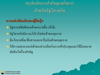 12 
สรุปหลักการกากับดูแลกิจการ สาหรับรัฐวิสาหกิจ 
ความเท่าเทียมกันของผู้ถือหุ้น 
รัฐเคารพสิทธิของเจ้าของรายอื่น (ถ้ามี) 
รัฐวิสาหกิจมีความโปร่งใสต่อเจ้าของทุกราย 
มีนโยบายที่จะสื่อสารและหารือกับเจ้าของทุกราย 
ให้ความสะดวกแก่เจ้าของส่วนน้อยในการเข้าประชุมและให้มีบทบาท ตัดสินใจเรื่องสาคัญ 
 