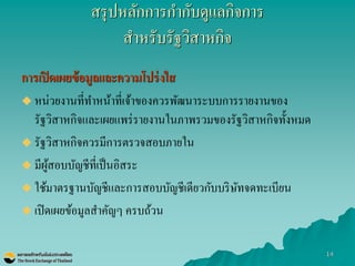 14 
สรุปหลักการกากับดูแลกิจการ สาหรับรัฐวิสาหกิจ 
การเปิดเผยข้อมูลและความโปร่งใส 
หน่วยงานที่ทาหน้าที่เจ้าของควรพัฒนาระบบการรายงานของ รัฐวิสาหกิจและเผยแพร่รายงานในภาพรวมของรัฐวิสาหกิจทั้งหมด 
รัฐวิสาหกิจควรมีการตรวจสอบภายใน 
มีผู้สอบบัญชีที่เป็นอิสระ 
ใช้มาตรฐานบัญชีและการสอบบัญชีเดียวกับบริษัทจดทะเบียน 
เปิดเผยข้อมูลสาคัญๆ ครบถ้วน 
 