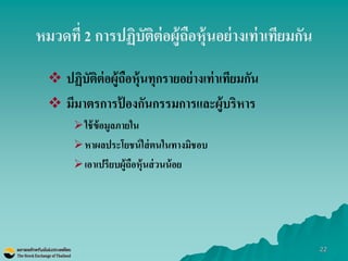 22 
หมวดที่ 2 การปฏิบัติต่อผู้ถือหุ้นอย่างเท่าเทียมกัน 
ปฏิบัติต่อผู้ถือหุ้นทุกรายอย่างเท่าเทียมกัน 
มีมาตรการป้องกันกรรมการและผู้บริหาร 
ใช้ข้อมูลภายใน 
หาผลประโยชน์ใส่ตนในทางมิชอบ 
เอาเปรียบผู้ถือหุ้นส่วนน้อย  