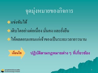 4 
จุดมุ่งหมายของกิจการ 
แข่งขันได้ 
เติบโตอย่างต่อเนื่อง มั่นคง และยั่งยืน 
ให้ผลตอบแทนแก่เจ้าของเป็นระยะเวลายาวนาน 
เงื่อนไข 
ปฏิบัติตามกฎหมายต่างๆ ที่เกี่ยวข้อง  