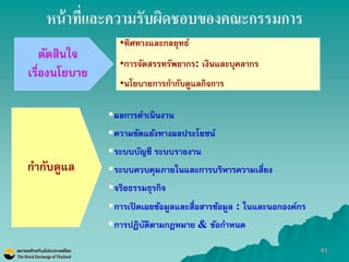 41 
หน้าที่และความรับผิดชอบของคณะกรรมการ 
•ทิศทางและกลยุทธ์ 
•การจัดสรรทรัพยากร: เงินและบุคลากร 
•นโยบายการกากับดูแลกิจการ 
ผลการดาเนินงาน 
ความขัดแย้งทางผลประโยชน์ 
ระบบบัญชี ระบบรายงาน 
ระบบควบคุมภายในและการบริหารความเสี่ยง 
จริยธรรมธุรกิจ 
การเปิดเผยข้อมูลและสื่อสารข้อมูล : ในและนอกองค์กร 
การปฏิบัติตามกฎหมาย & ข้อกาหนด 
กากับดูแล 
ตัดสินใจ 
เรื่องนโยบาย  