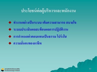 53 
ประโยชน์ต่อผู้บริหารและพนักงาน 
ทางานอย่างเป็นระบบ เต็มความสามารถ สบายใจ 
ระบบประเมินผลสะท้อนผลการปฏิบัติงาน 
การกาหนดค่าตอบแทนเป็นธรรม โปร่งใส 
ความมั่นคงของอาชีพ  