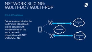 5G Platform update | © Ericsson AB 2017 | 2017-08-29
Network slicing:
Multi-DC / Multi-POP
Application
1Network slice 1
Application
2
Network slice 2
Network
2017-05-23 Press Release
Ericsson demonstrates the
world's first 5G network
slicing solution with
multiple slices on the
same device in
cooperation with NTT
DOCOMO, INC
 
