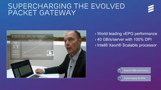 5G Platform update | © Ericsson AB 2017 | 2017-08-29
Supercharging the Evolved
Packet Gateway
Superior MBB performance
Supercharging the EPG
› World leading vEPG performance
› 40 GB/s/server with 100% DPI
› Intel® Xeon® Scalable processor
 