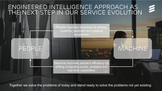 5G Platform update | © Ericsson AB 2017 | 2017-08-29
Engineered intelligence approach as
the next step in our service evolution
MachinePeople
People improves machines by adding
creativity, judgment and network
experience
Machine improves people’s efficiency by
adding computing power, analytics and
real time capabilities
Together we solve the problems of today and stand ready to solve the problems not yet existing
 